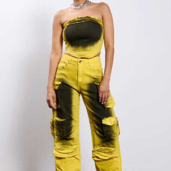 Callie Lives Miz The Spot AKIRA Yellow & Black Spraypainted  Corset Top S M L - Picture 7 of 8